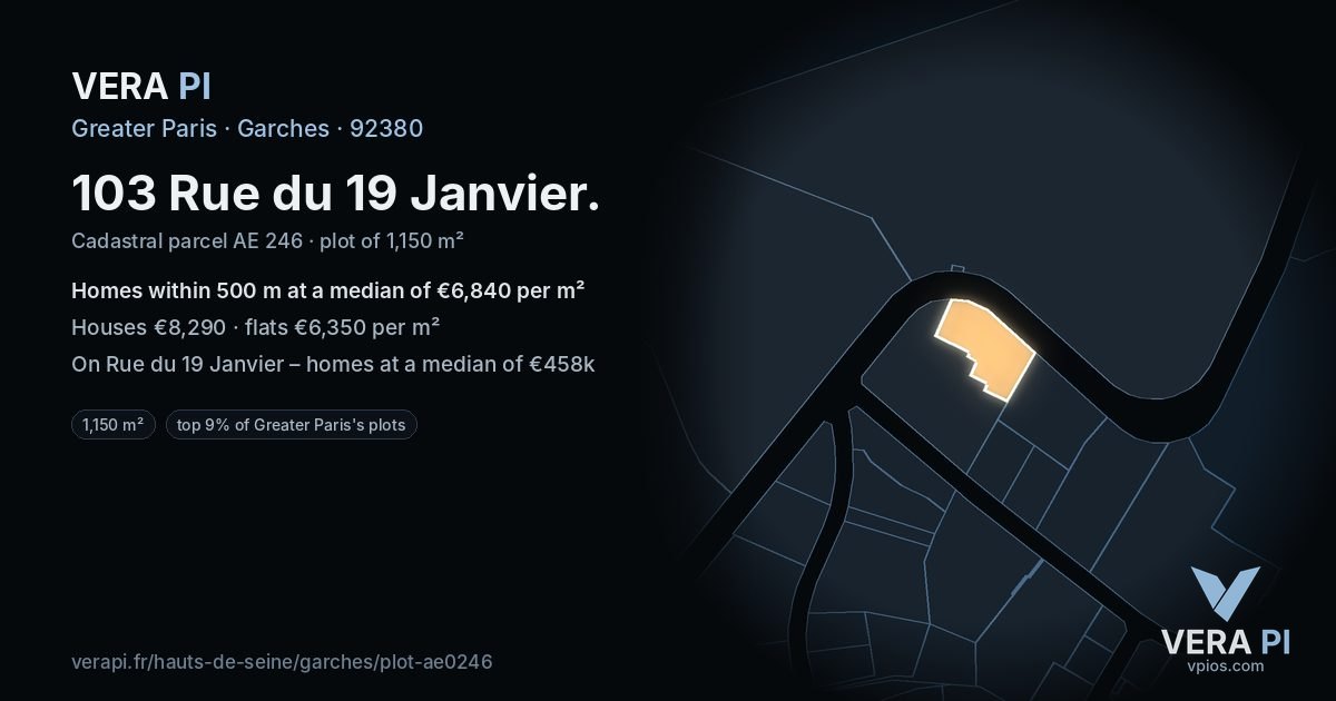 103 Rue du 19 Janvier, Garches at night – the plot lit, the parcels around coloured by the prices near them