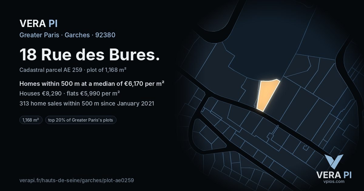 18 Rue des Bures, Garches at night – the plot lit, the parcels around coloured by the prices near them