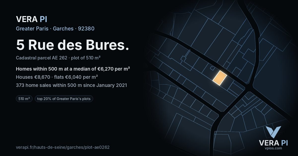 5 Rue des Bures, Garches at night – the plot lit, the parcels around coloured by the prices near them