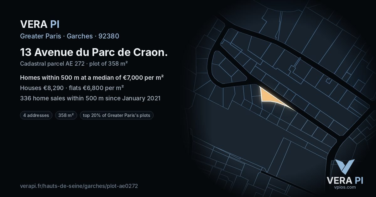 13 Avenue du Parc de Craon, Garches at night – the plot lit, the parcels around coloured by the prices near them
