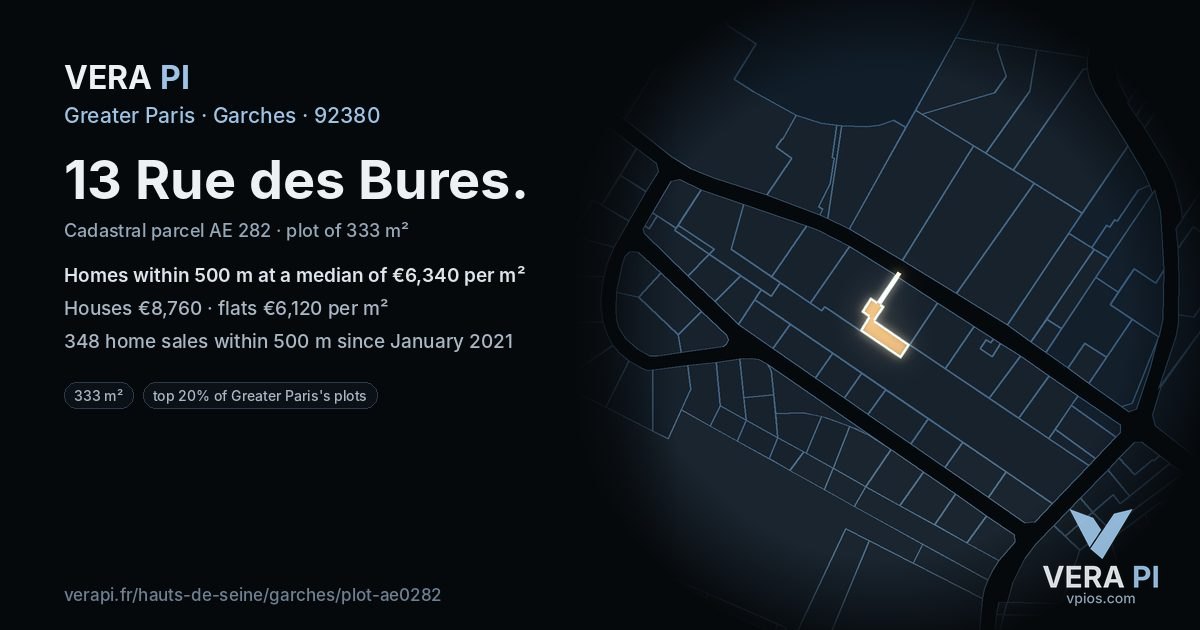 13 Rue des Bures, Garches at night – the plot lit, the parcels around coloured by the prices near them