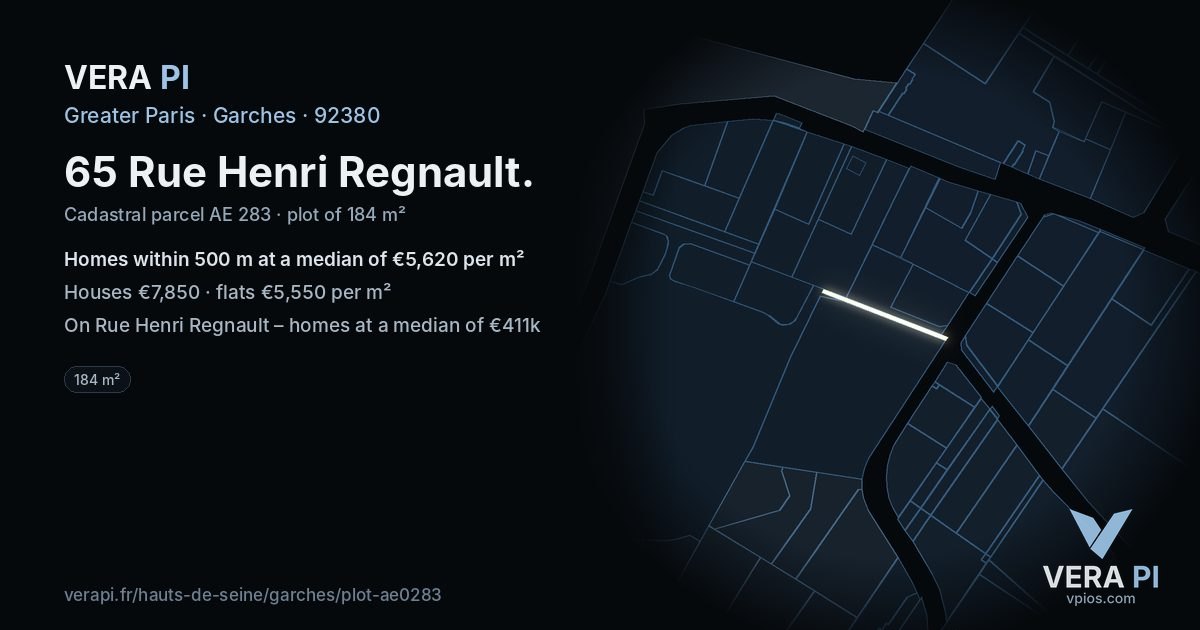 65 Rue Henri Regnault, Garches at night – the plot lit, the parcels around coloured by the prices near them
