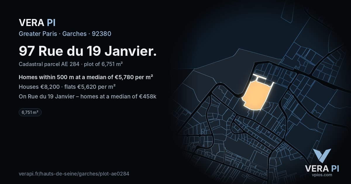 97 Rue du 19 Janvier, Garches at night – the plot lit, the parcels around coloured by the prices near them