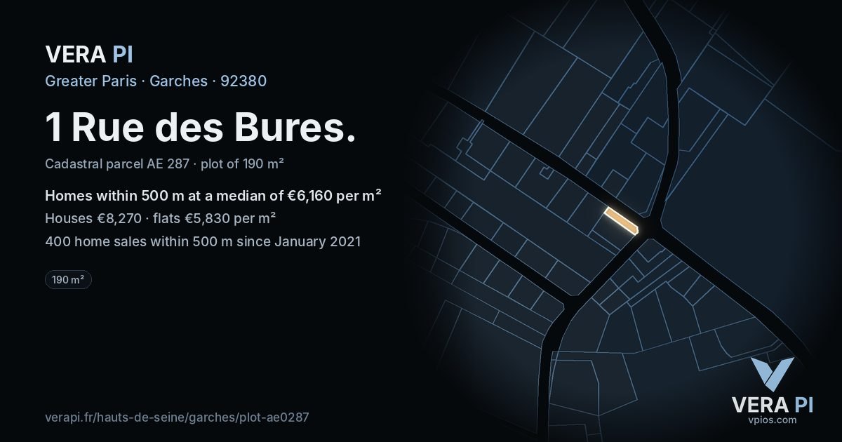 1 Rue des Bures, Garches at night – the plot lit, the parcels around coloured by the prices near them