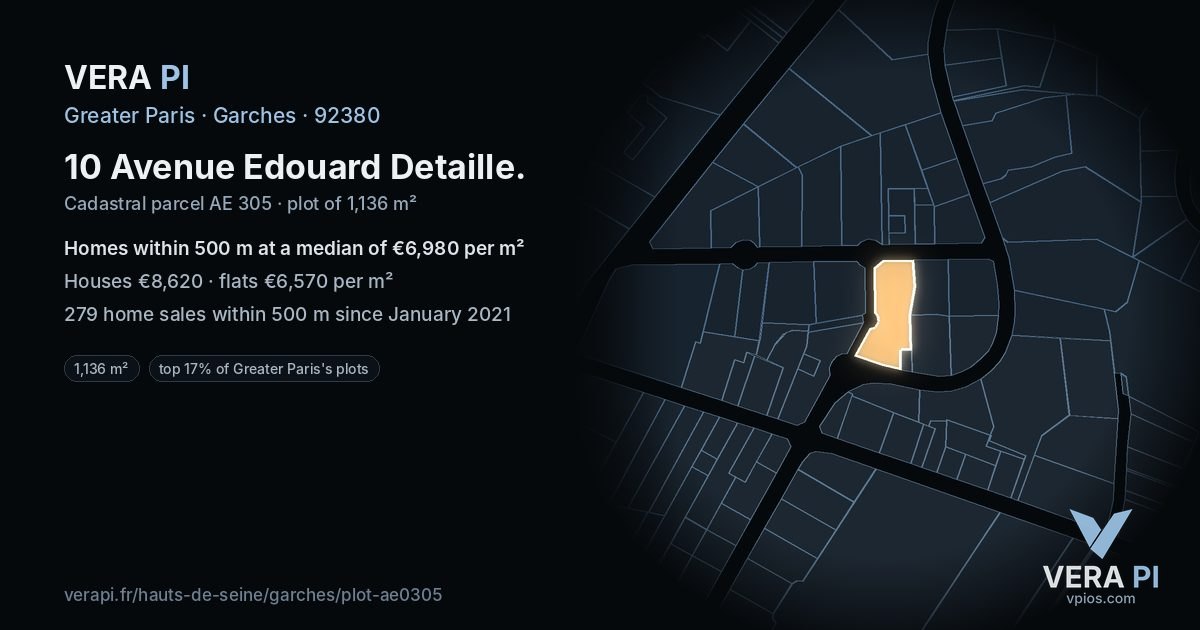 10 Avenue Edouard Detaille, Garches at night – the plot lit, the parcels around coloured by the prices near them