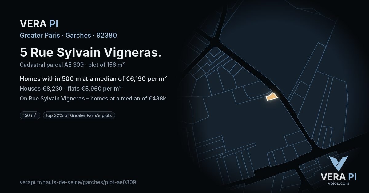 5 Rue Sylvain Vigneras, Garches at night – the plot lit, the parcels around coloured by the prices near them