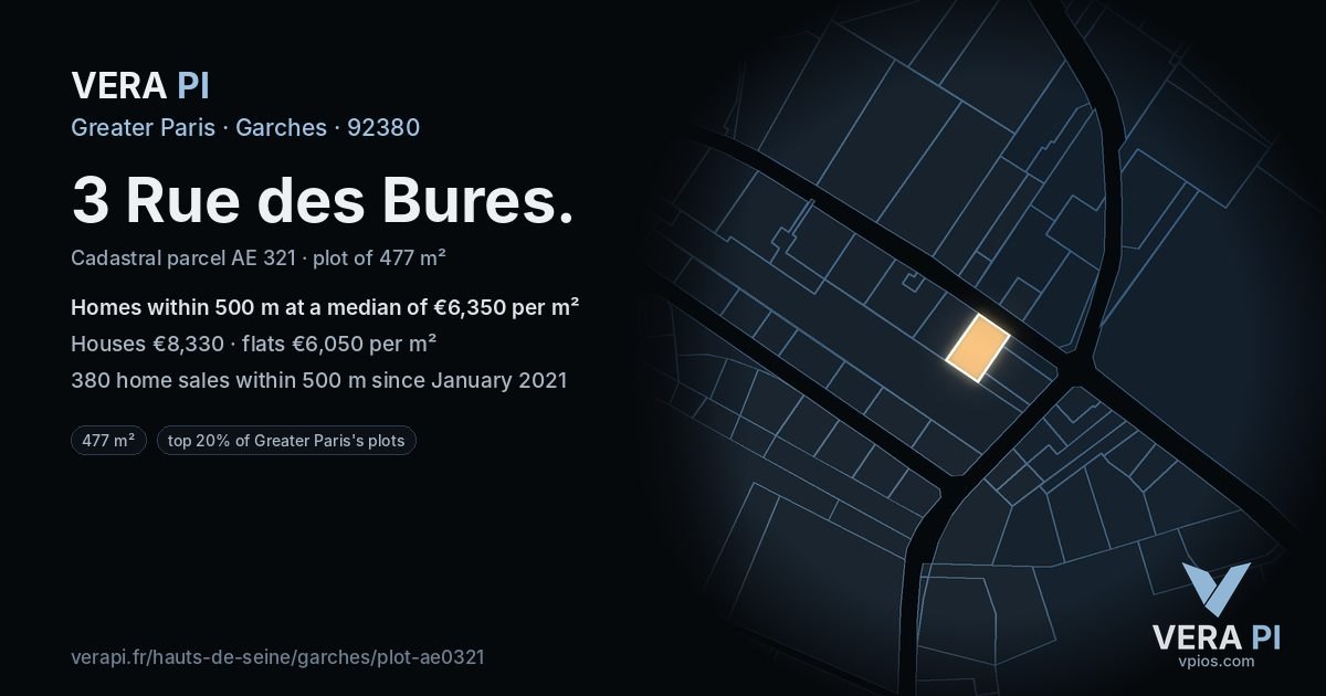 3 Rue des Bures, Garches at night – the plot lit, the parcels around coloured by the prices near them