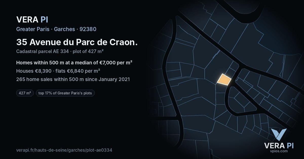 35 Avenue du Parc de Craon, Garches at night – the plot lit, the parcels around coloured by the prices near them