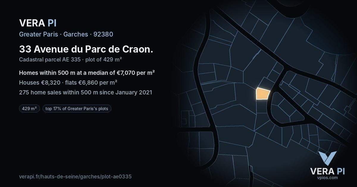 33 Avenue du Parc de Craon, Garches at night – the plot lit, the parcels around coloured by the prices near them