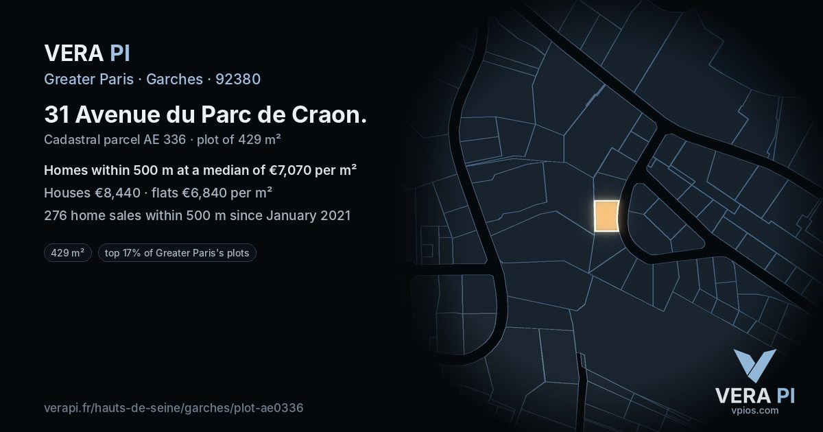 31 Avenue du Parc de Craon, Garches at night – the plot lit, the parcels around coloured by the prices near them