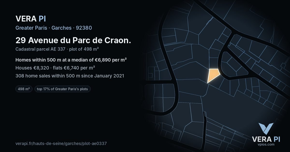 29 Avenue du Parc de Craon, Garches at night – the plot lit, the parcels around coloured by the prices near them