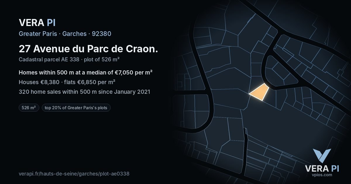 27 Avenue du Parc de Craon, Garches at night – the plot lit, the parcels around coloured by the prices near them