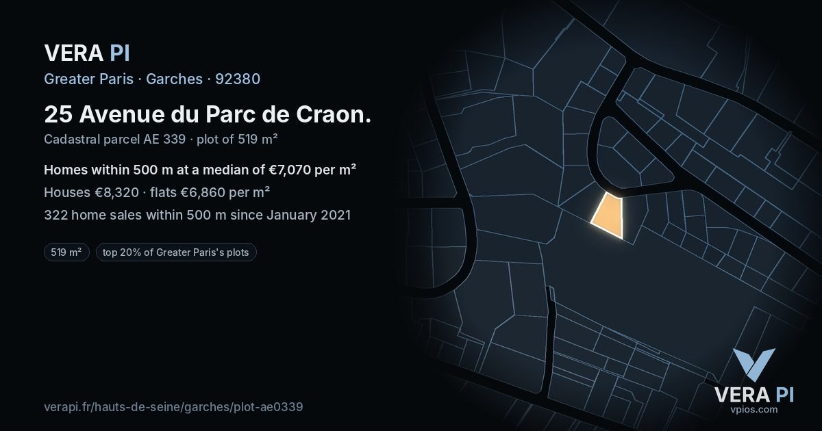 25 Avenue du Parc de Craon, Garches at night – the plot lit, the parcels around coloured by the prices near them