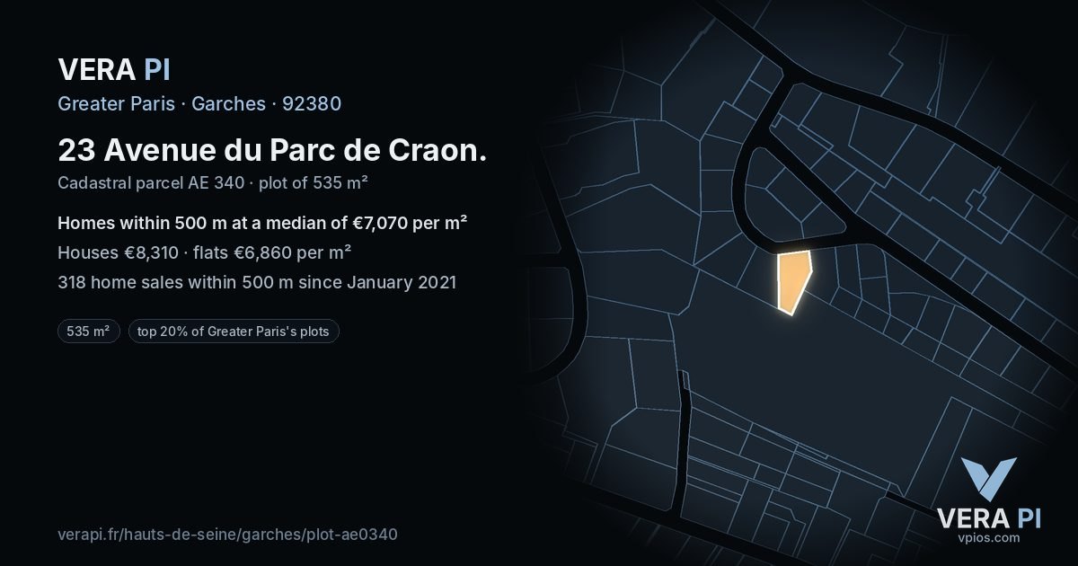 23 Avenue du Parc de Craon, Garches at night – the plot lit, the parcels around coloured by the prices near them
