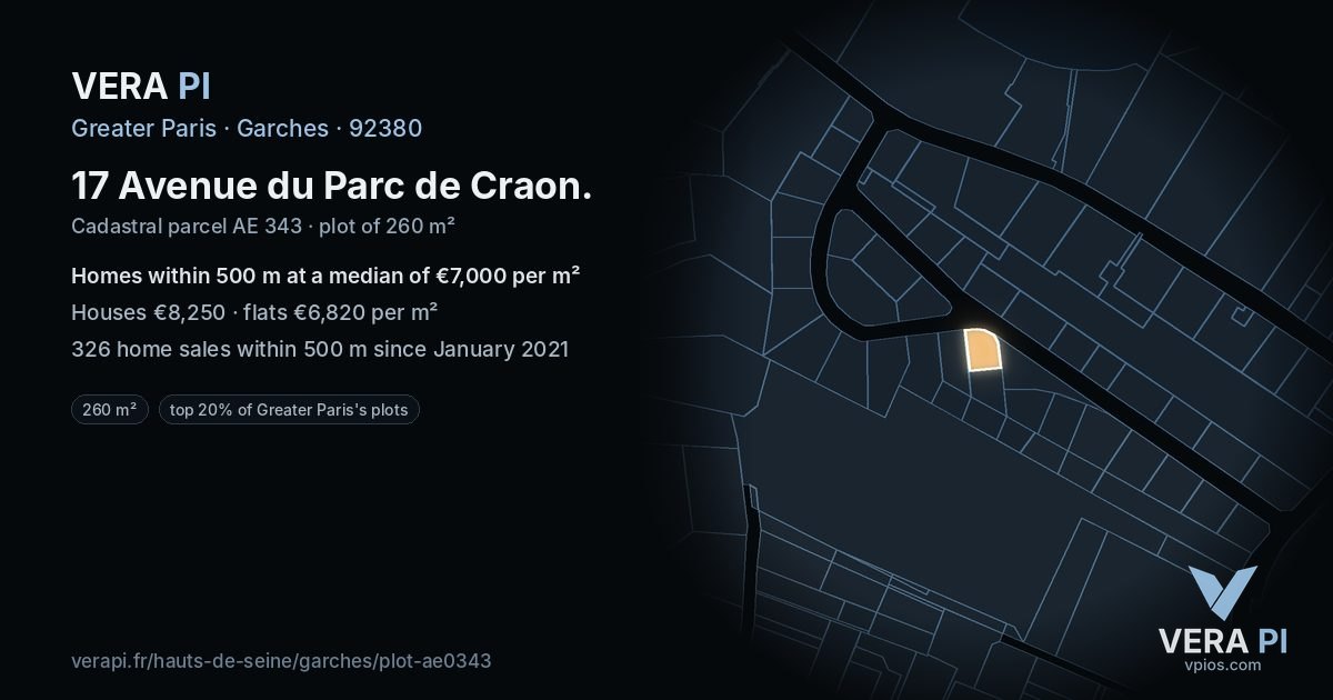 17 Avenue du Parc de Craon, Garches at night – the plot lit, the parcels around coloured by the prices near them