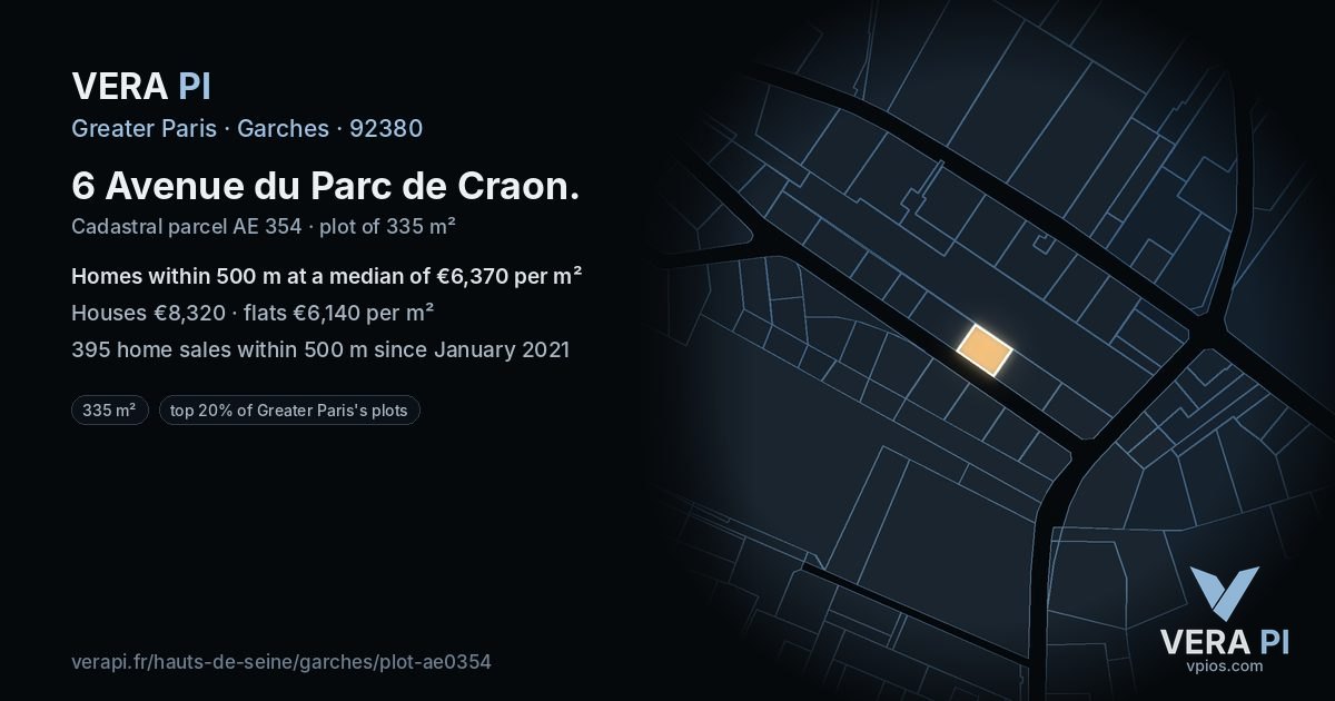 6 Avenue du Parc de Craon, Garches at night – the plot lit, the parcels around coloured by the prices near them