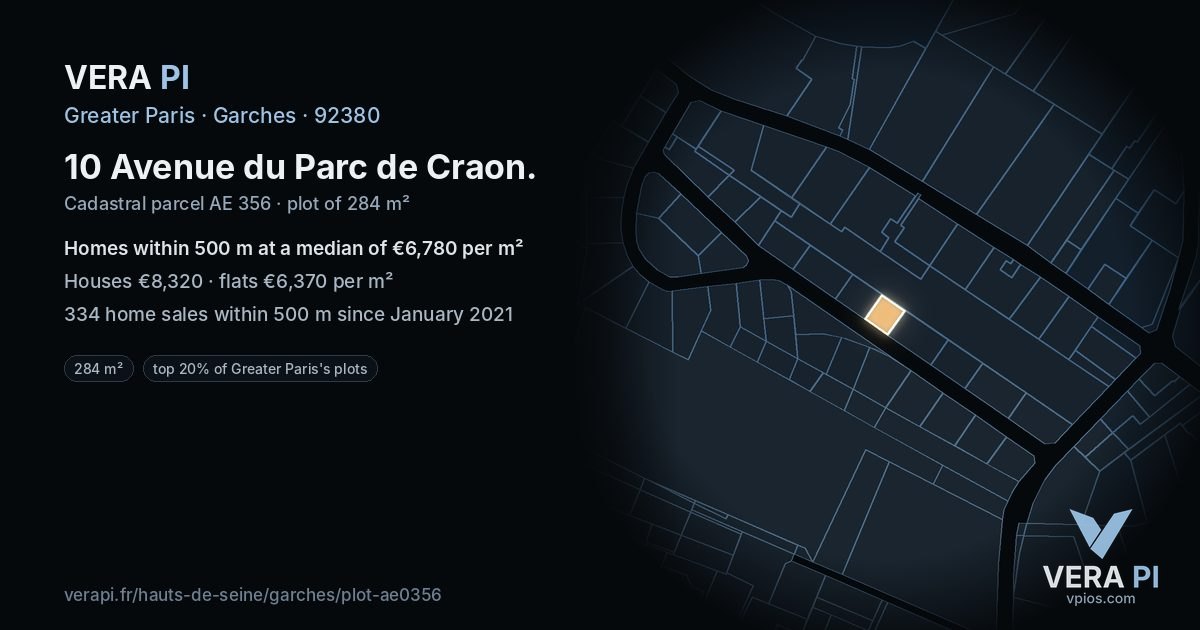 10 Avenue du Parc de Craon, Garches at night – the plot lit, the parcels around coloured by the prices near them