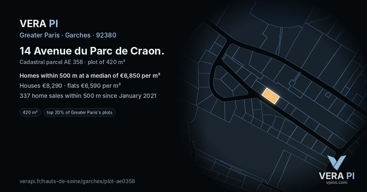 14 Avenue du Parc de Craon, Garches at night – the plot lit, the parcels around coloured by the prices near them