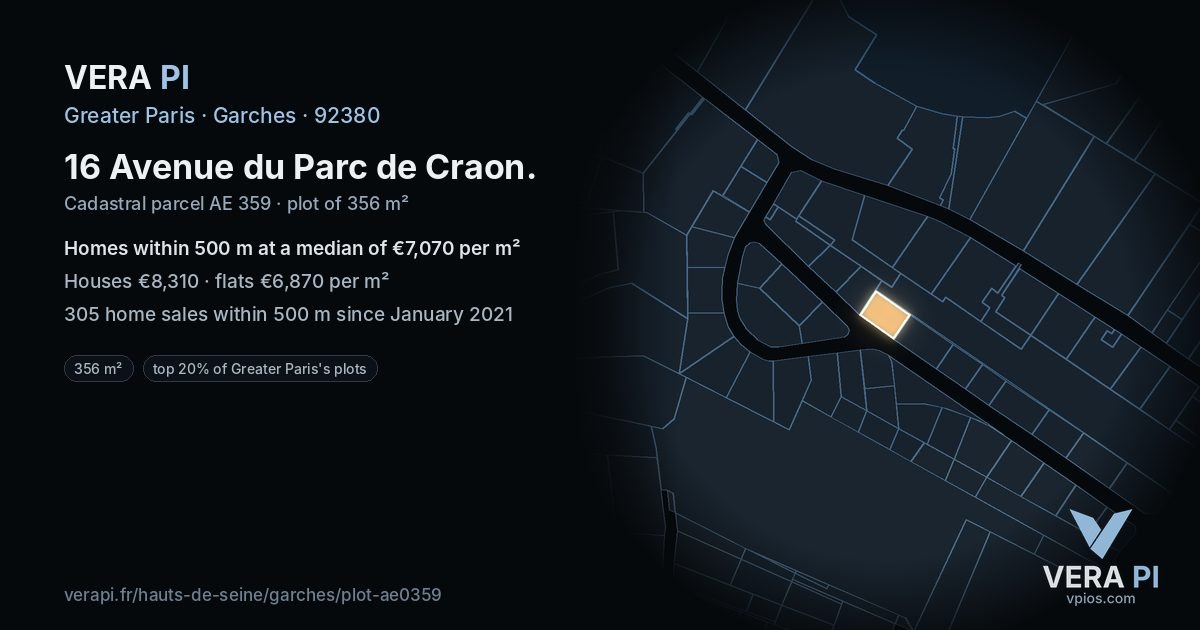 16 Avenue du Parc de Craon, Garches at night – the plot lit, the parcels around coloured by the prices near them