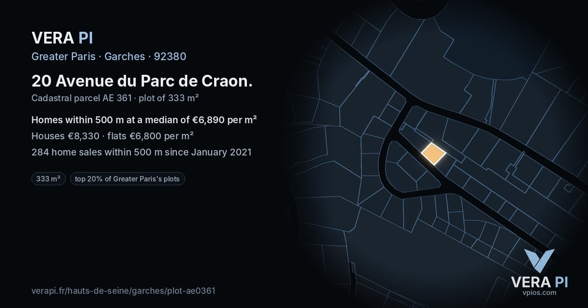 20 Avenue du Parc de Craon, Garches at night – the plot lit, the parcels around coloured by the prices near them