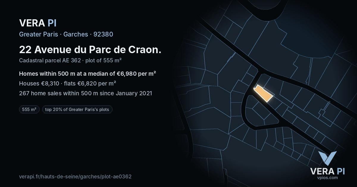 22 Avenue du Parc de Craon, Garches at night – the plot lit, the parcels around coloured by the prices near them