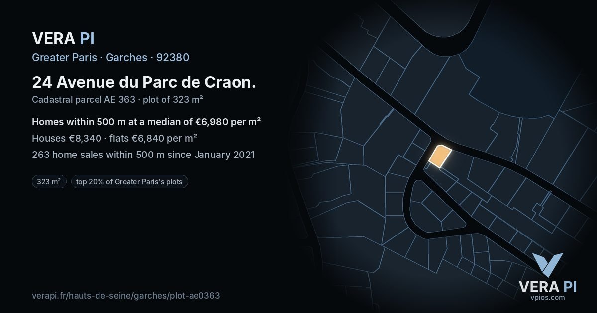 24 Avenue du Parc de Craon, Garches at night – the plot lit, the parcels around coloured by the prices near them
