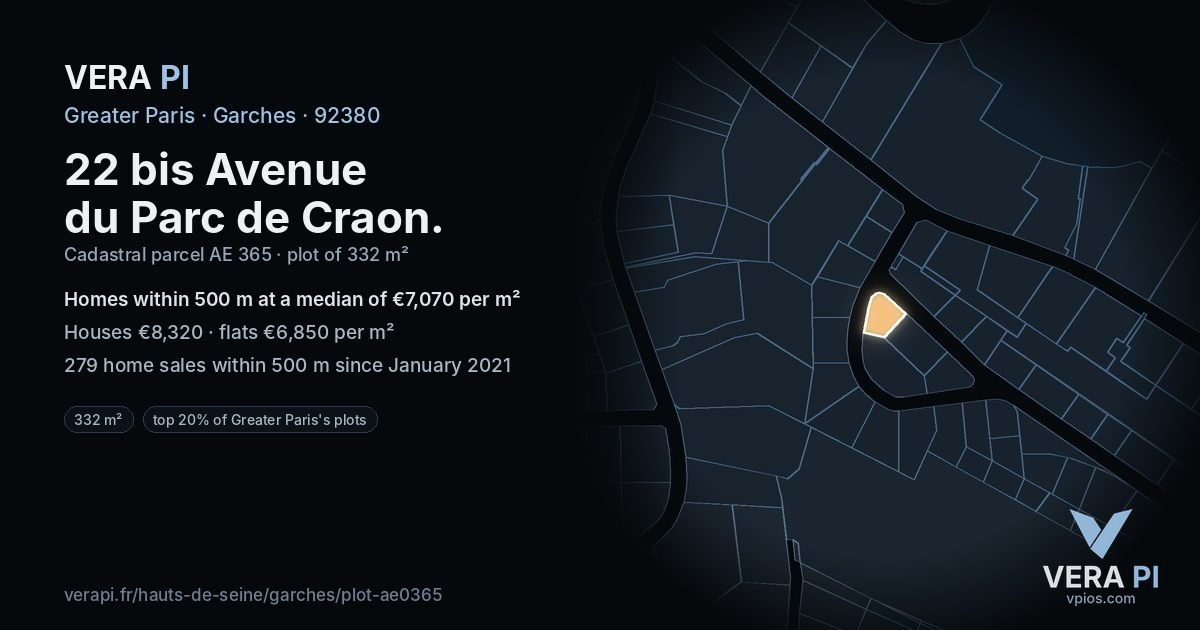 22 bis Avenue du Parc de Craon, Garches at night – the plot lit, the parcels around coloured by the prices near them