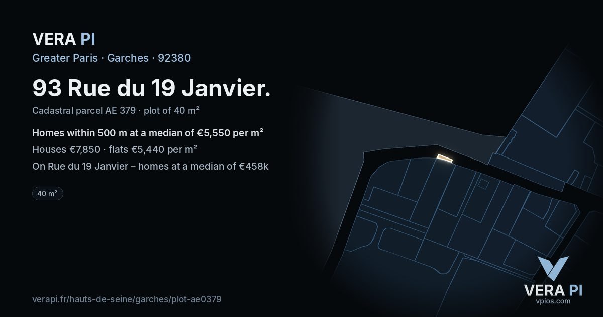 93 Rue du 19 Janvier, Garches at night – the plot lit, the parcels around coloured by the prices near them