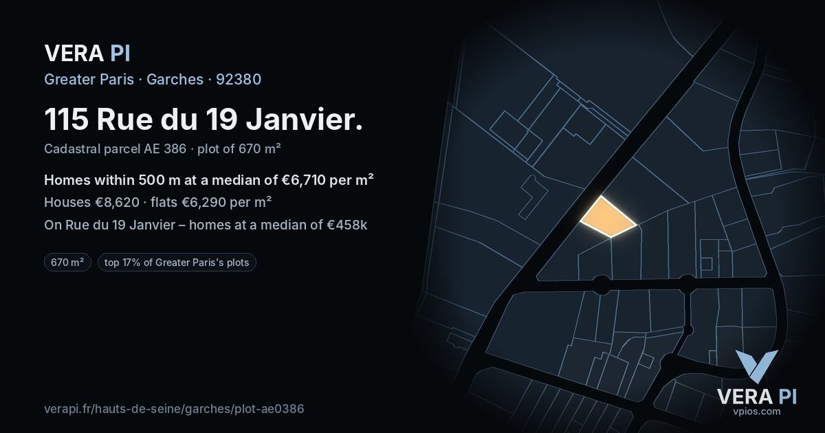 115 Rue du 19 Janvier, Garches at night – the plot lit, the parcels around coloured by the prices near them
