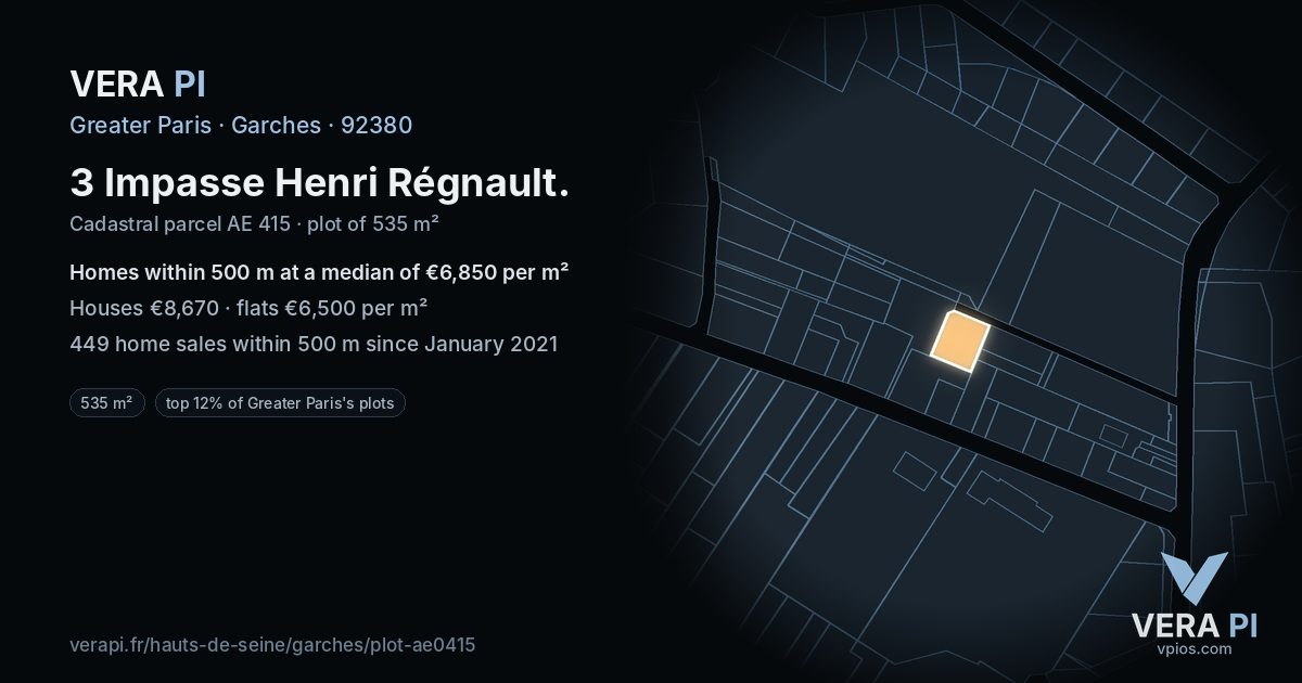 3 Impasse Henri Régnault, Garches at night – the plot lit, the parcels around coloured by the prices near them