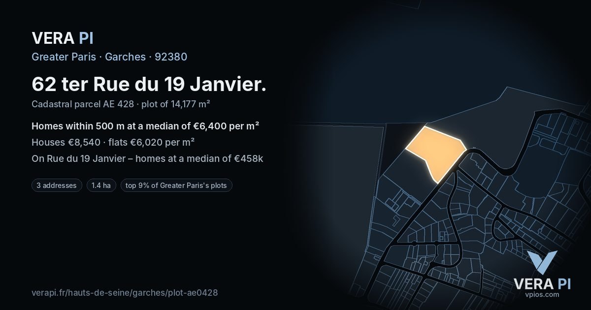 62 ter Rue du 19 Janvier, Garches at night – the plot lit, the parcels around coloured by the prices near them