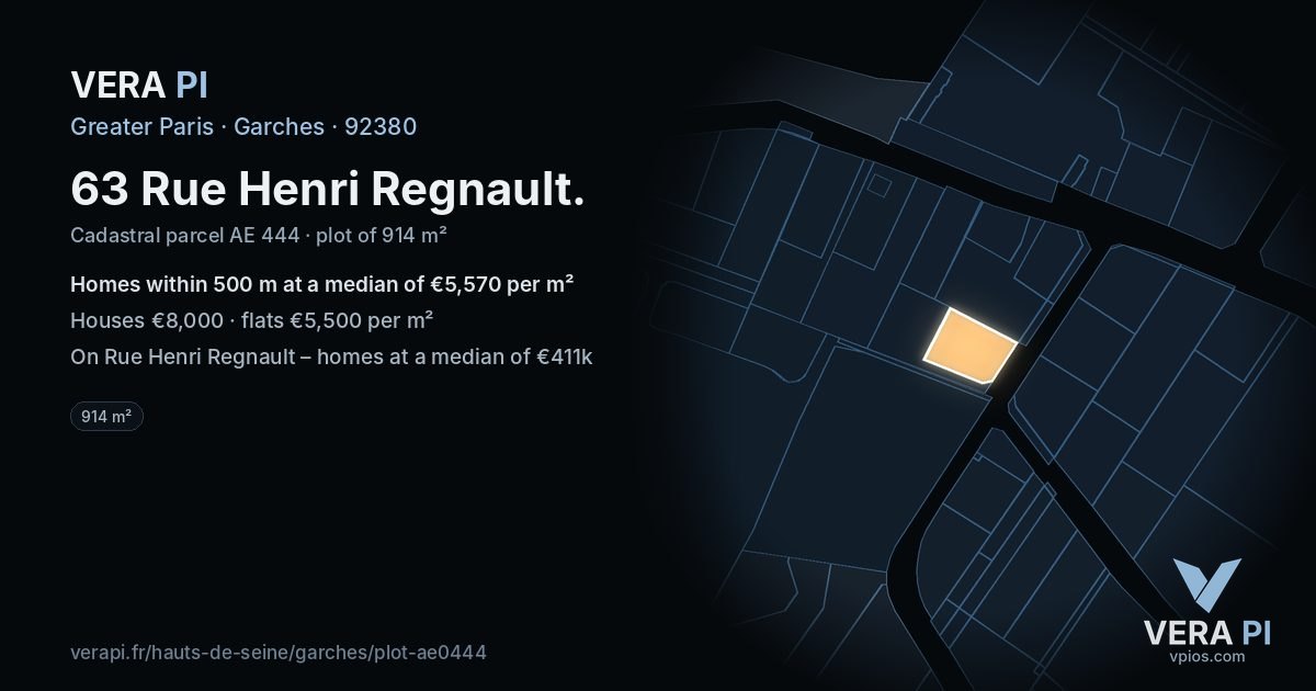 63 Rue Henri Regnault, Garches at night – the plot lit, the parcels around coloured by the prices near them