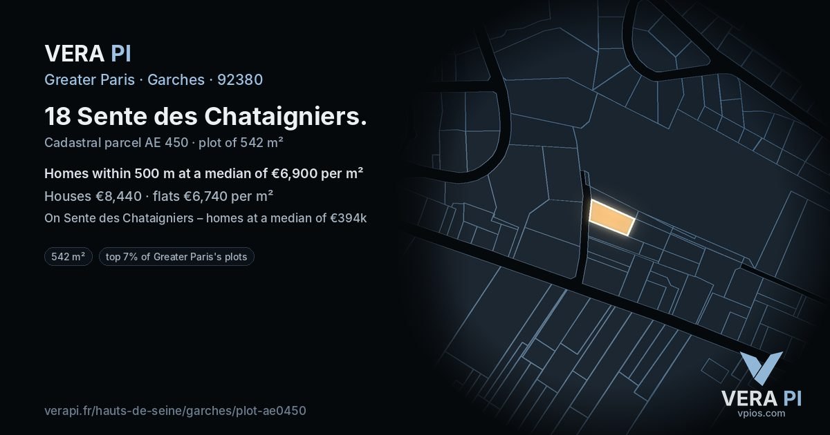 18 Sente des Chataigniers, Garches at night – the plot lit, the parcels around coloured by the prices near them