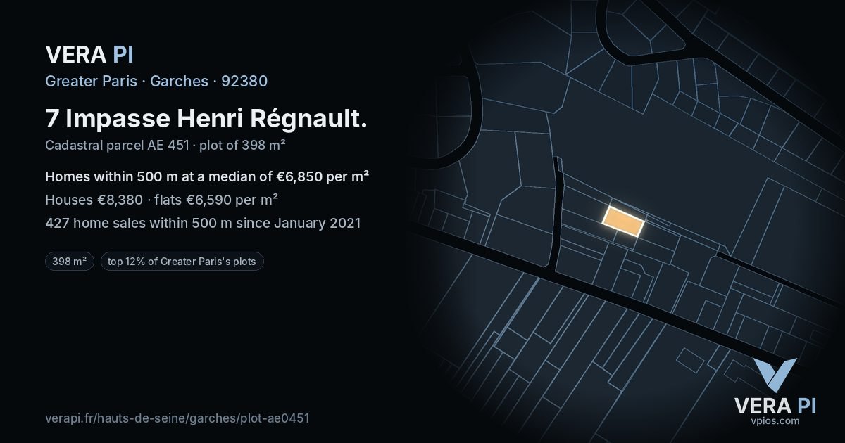 7 Impasse Henri Régnault, Garches at night – the plot lit, the parcels around coloured by the prices near them
