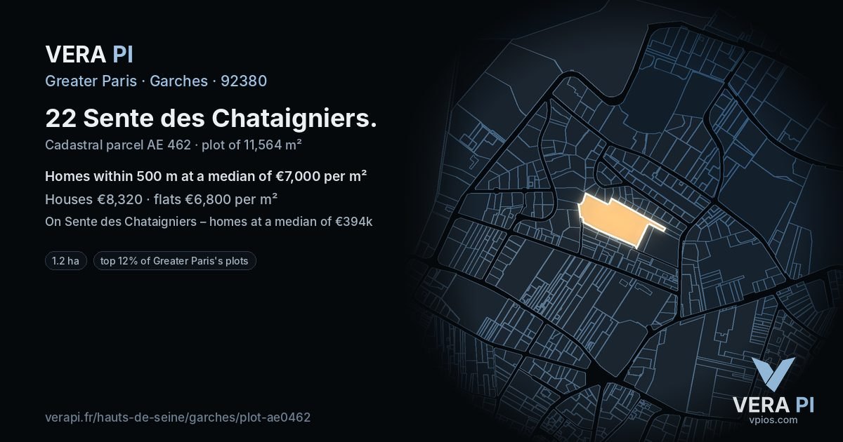 22 Sente des Chataigniers, Garches at night – the plot lit, the parcels around coloured by the prices near them