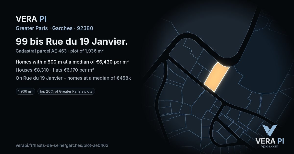 99 bis Rue du 19 Janvier, Garches at night – the plot lit, the parcels around coloured by the prices near them