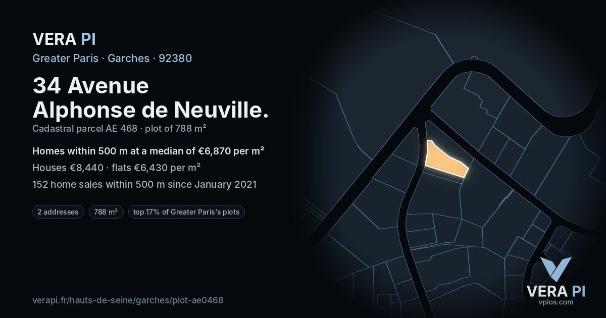 34 Avenue Alphonse de Neuville, Garches at night – the plot lit, the parcels around coloured by the prices near them