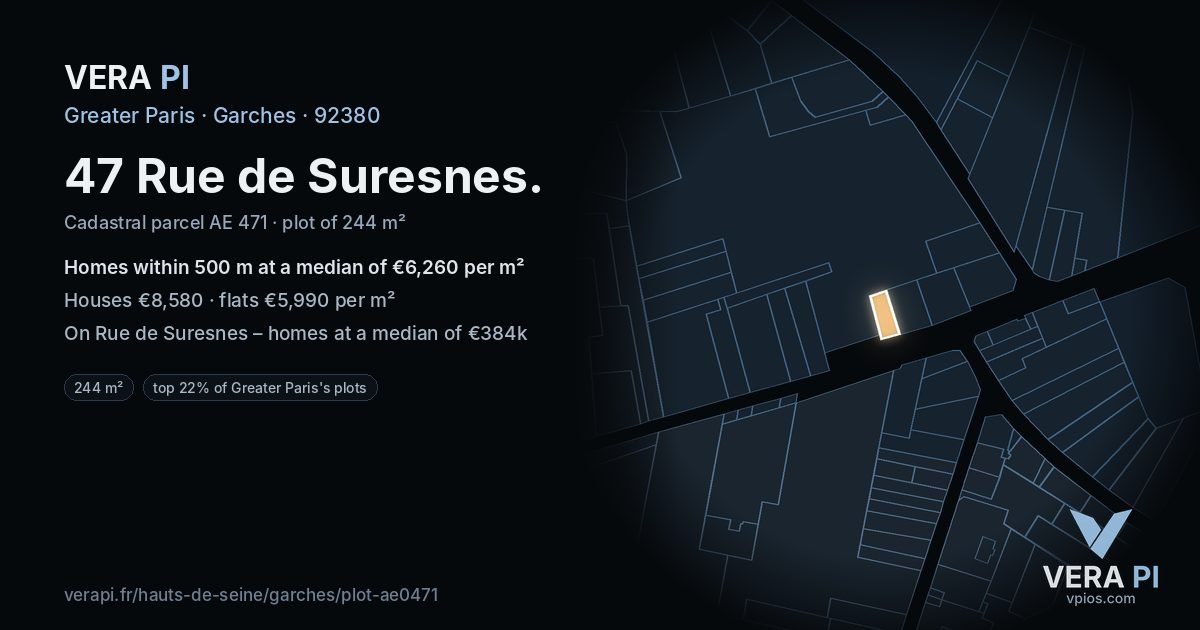 47 Rue de Suresnes, Garches at night – the plot lit, the parcels around coloured by the prices near them