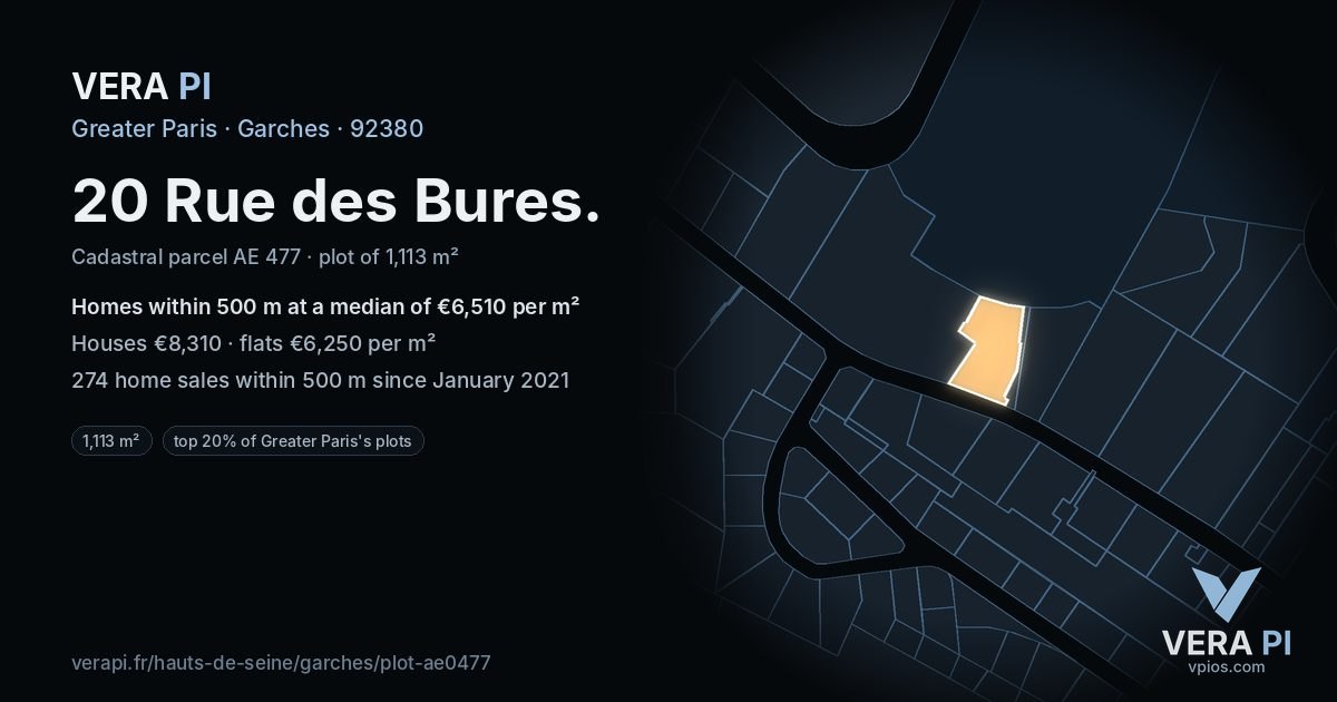 20 Rue des Bures, Garches at night – the plot lit, the parcels around coloured by the prices near them