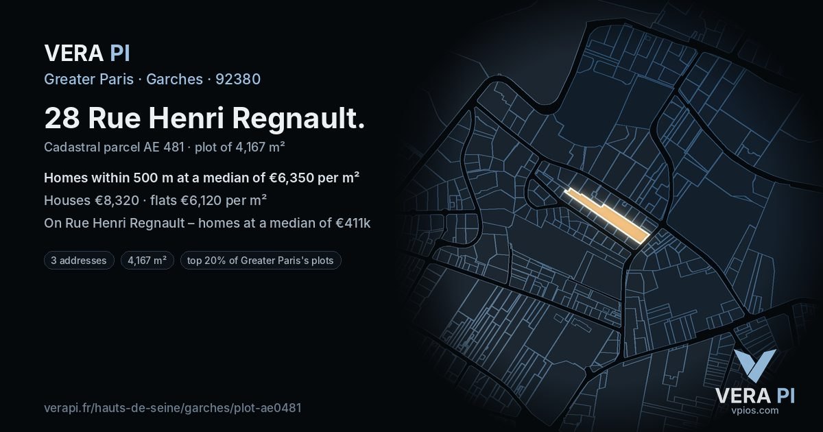 28 Rue Henri Regnault, Garches at night – the plot lit, the parcels around coloured by the prices near them