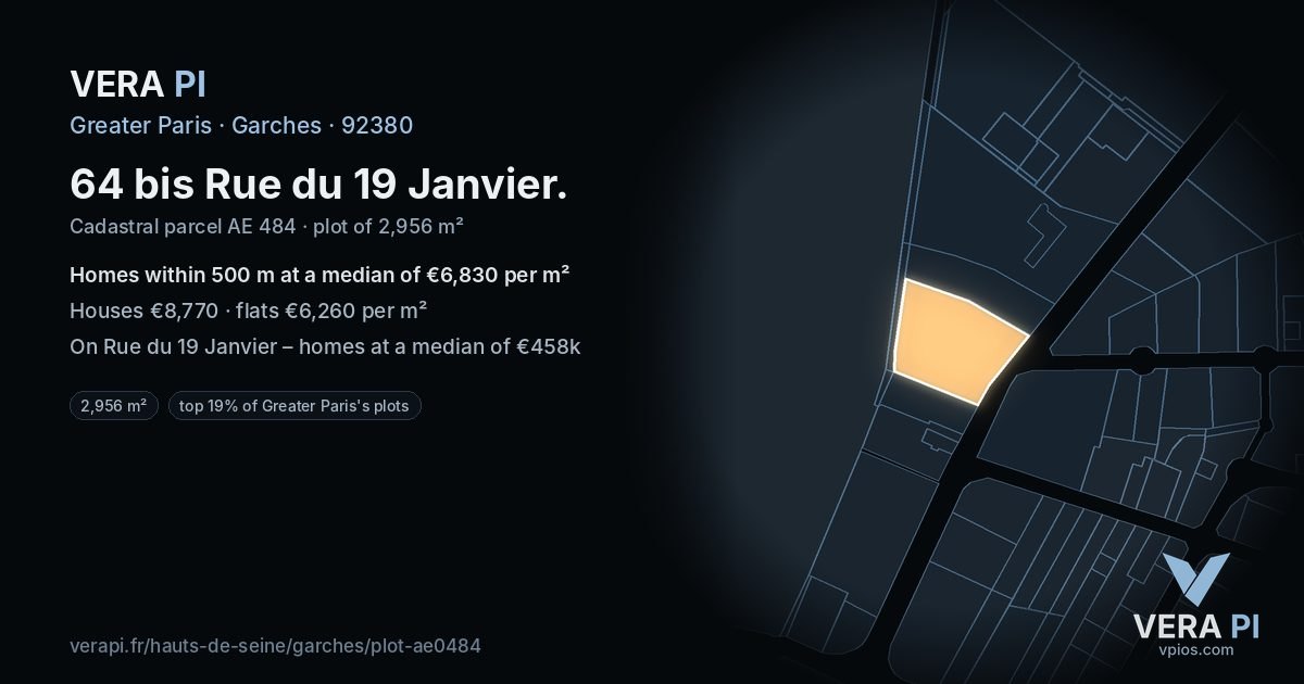 64 bis Rue du 19 Janvier, Garches at night – the plot lit, the parcels around coloured by the prices near them