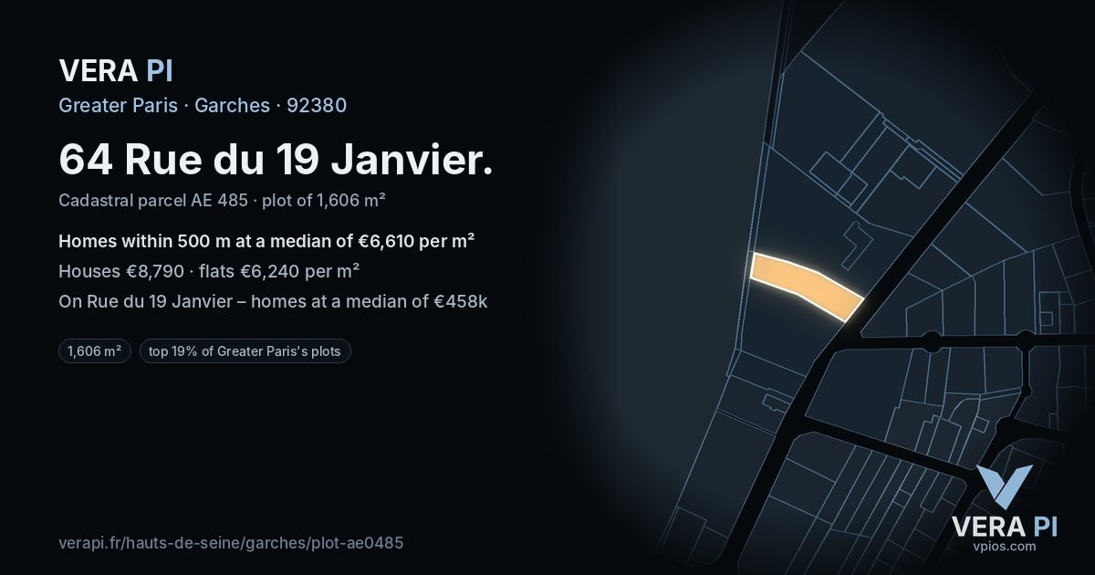 64 Rue du 19 Janvier, Garches at night – the plot lit, the parcels around coloured by the prices near them