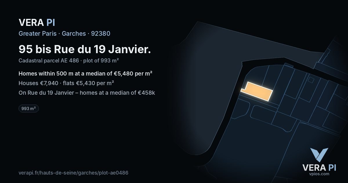 95 bis Rue du 19 Janvier, Garches at night – the plot lit, the parcels around coloured by the prices near them