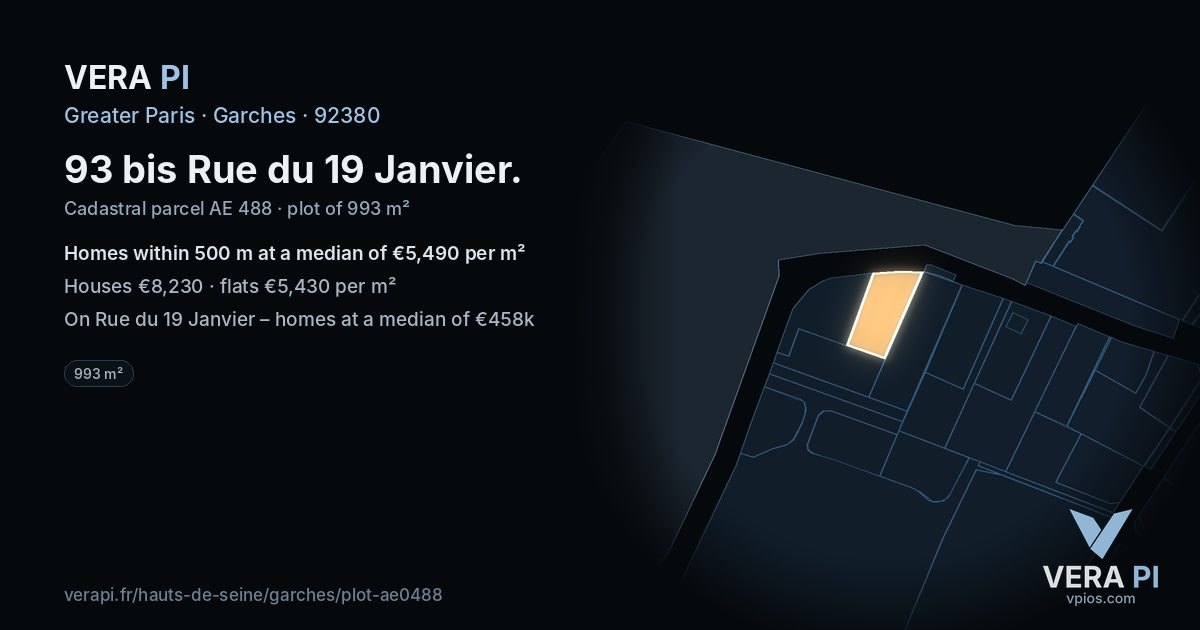 93 bis Rue du 19 Janvier, Garches at night – the plot lit, the parcels around coloured by the prices near them