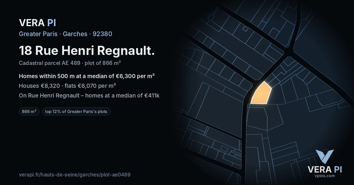 18 Rue Henri Regnault, Garches at night – the plot lit, the parcels around coloured by the prices near them