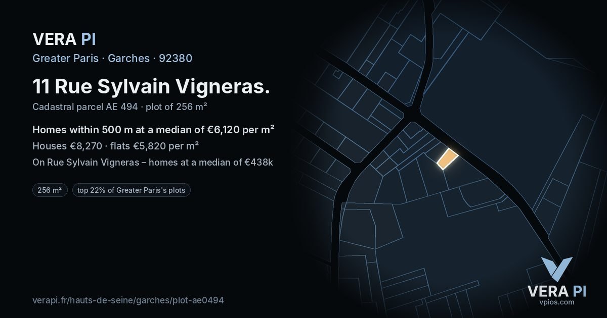 11 Rue Sylvain Vigneras, Garches at night – the plot lit, the parcels around coloured by the prices near them