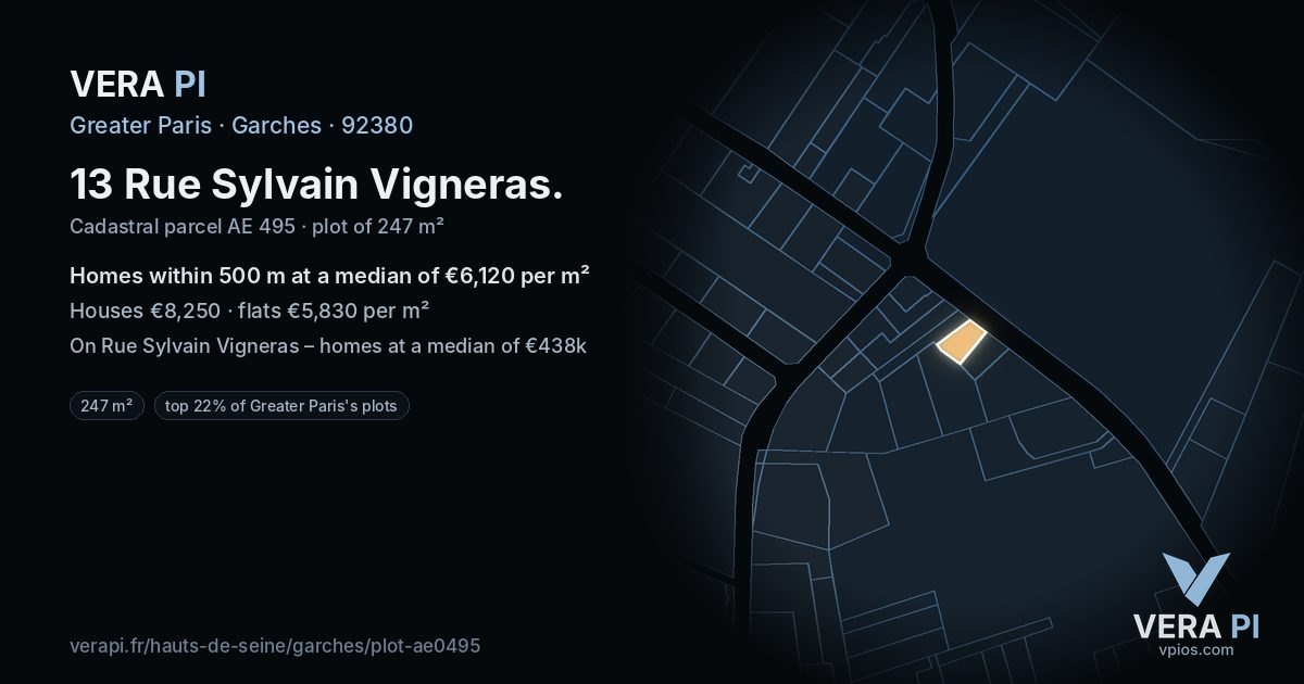 13 Rue Sylvain Vigneras, Garches at night – the plot lit, the parcels around coloured by the prices near them