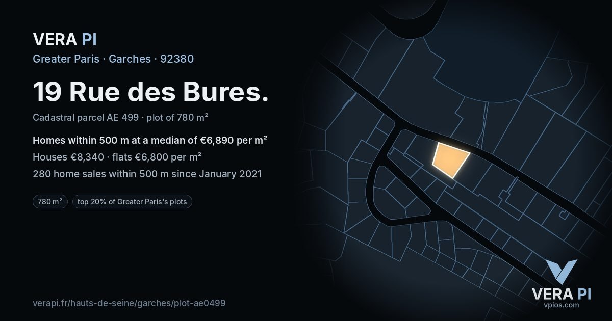 19 Rue des Bures, Garches at night – the plot lit, the parcels around coloured by the prices near them