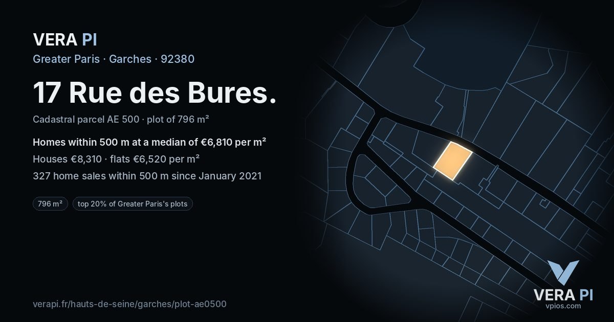17 Rue des Bures, Garches at night – the plot lit, the parcels around coloured by the prices near them