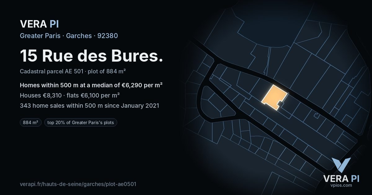 15 Rue des Bures, Garches at night – the plot lit, the parcels around coloured by the prices near them